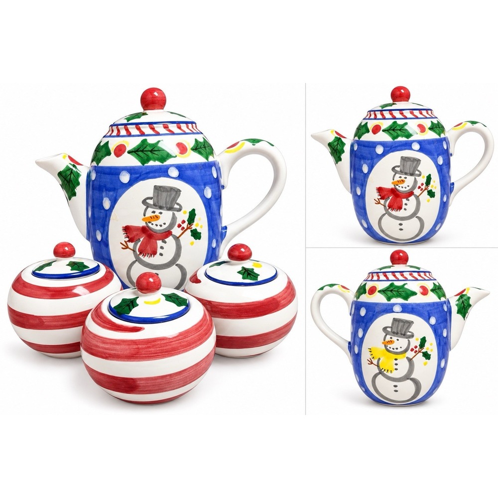 Very Rare Present Tense Italy Snowman Teapot 3 Condiment Jar Christmas Set